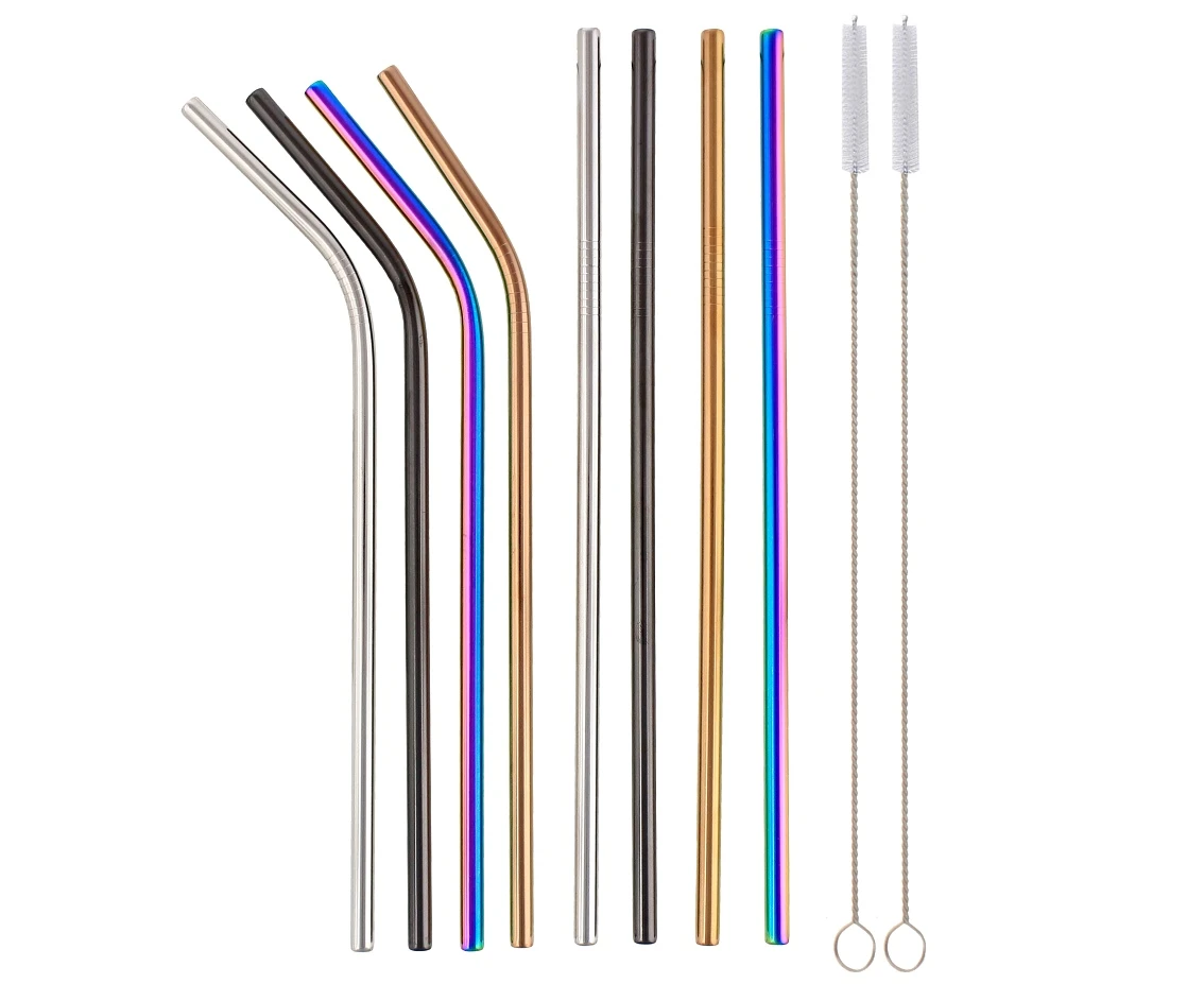 Stainless steel straws, assorted colours, 4 straight, 4 bent, 2 cleaning brushes