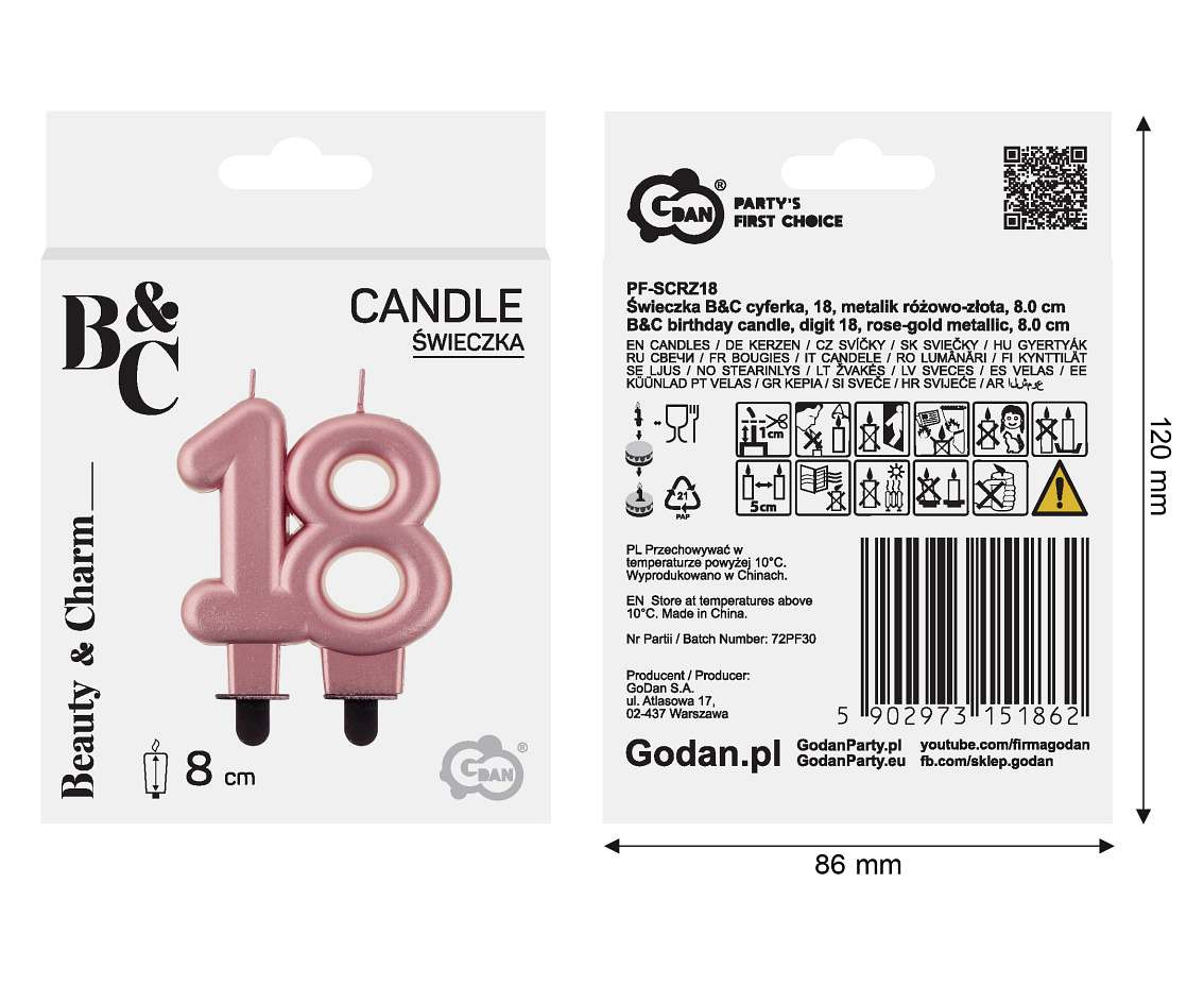 B&C birthday candle, digit 18, rose-gold metallic, 8 cm