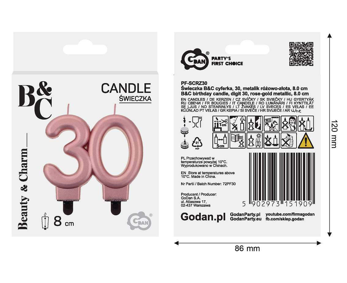 B&C birthday candle, digit 30, rose-gold metallic, 8 cm
