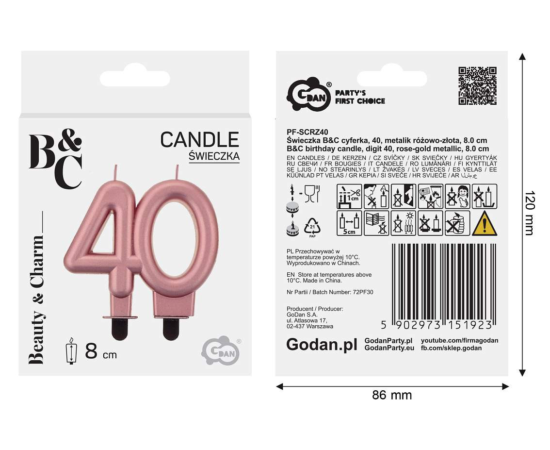 B&C birthday candle, digit 40, rose-gold metallic, 8 cm
