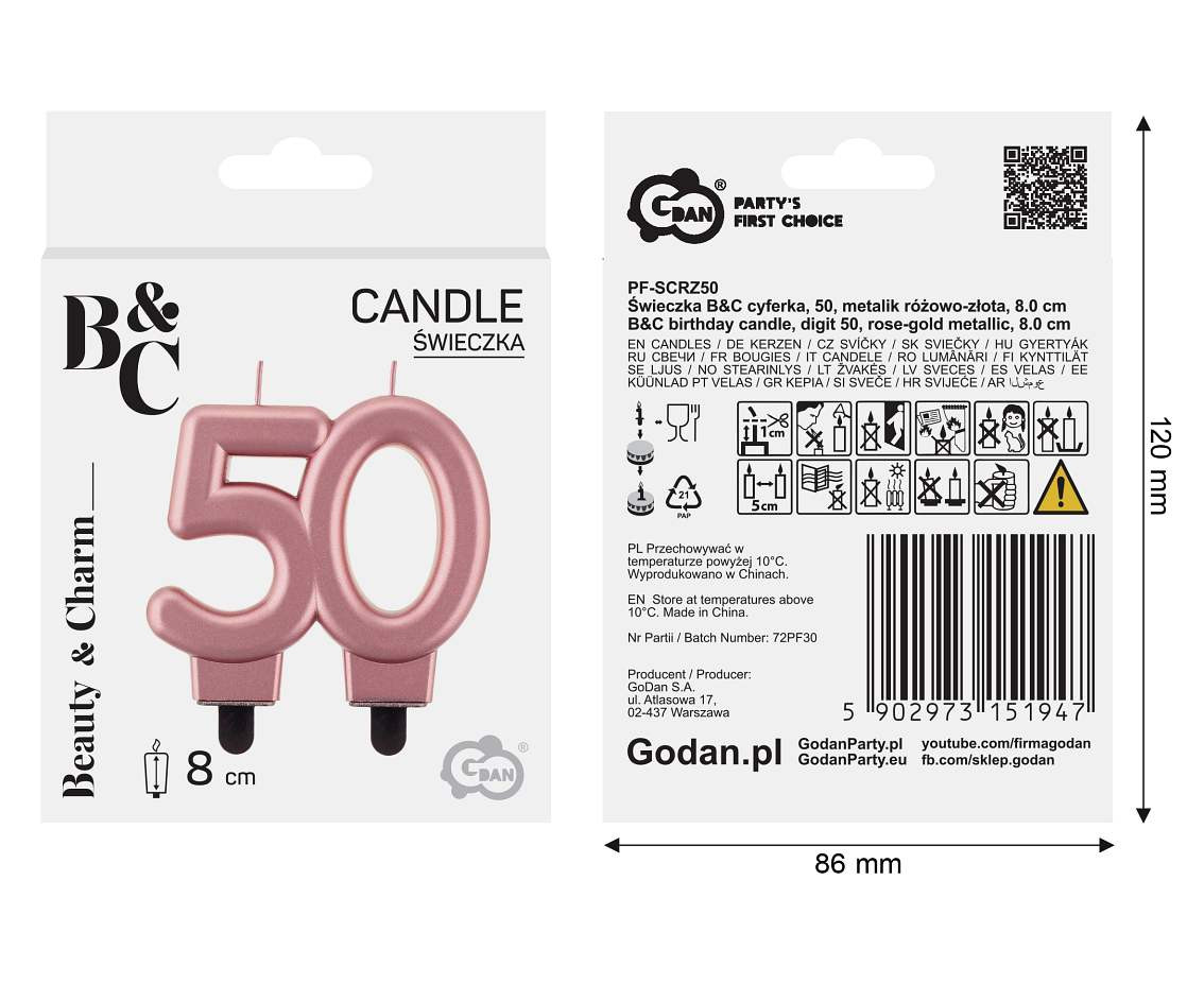 B&C birthday candle, digit 50, rose-gold metallic, 8 cm