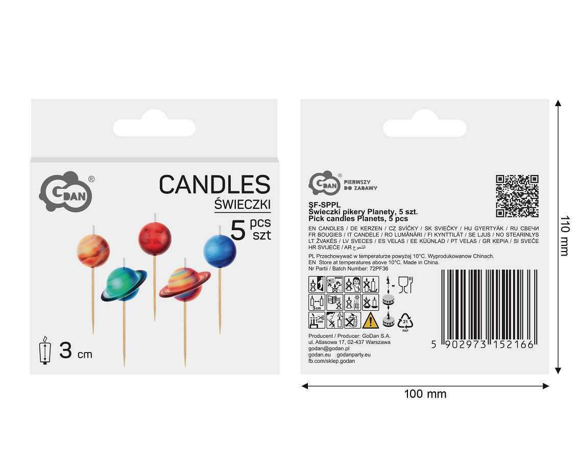 Pick candles Planets, total length 7 cm, 5 pcs