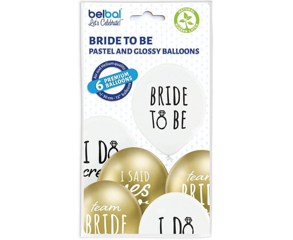 Balloons Belbal 12", D11, Bride to Be white and gold, 6pcs