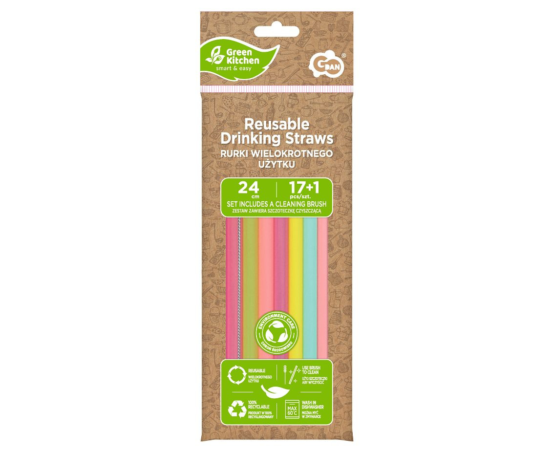 Reusable drinking straws,  assorted colours, 9 x 240 mm  / 17 pcs + brush