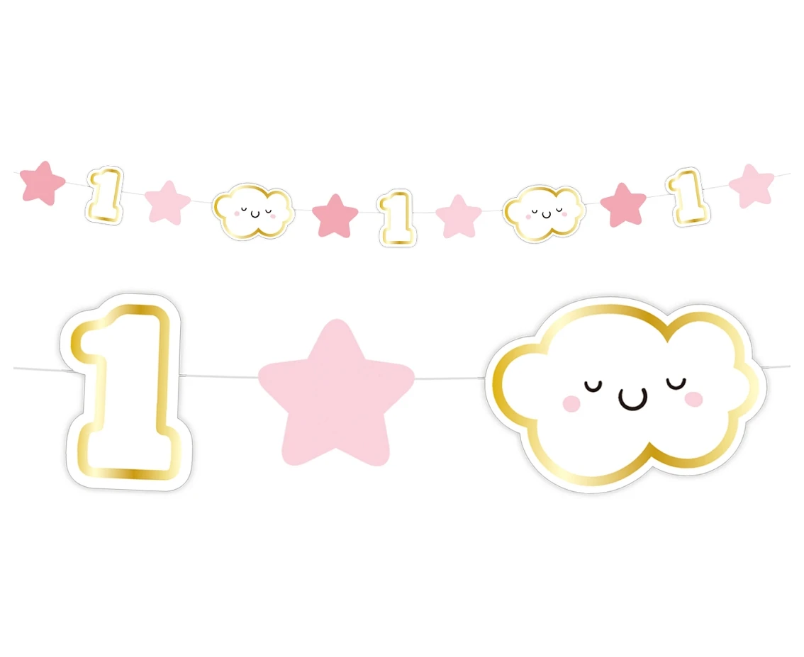 Mini paper garland 1st Birthday, pink, length 120 cm, card size 8.4 x 6 cm