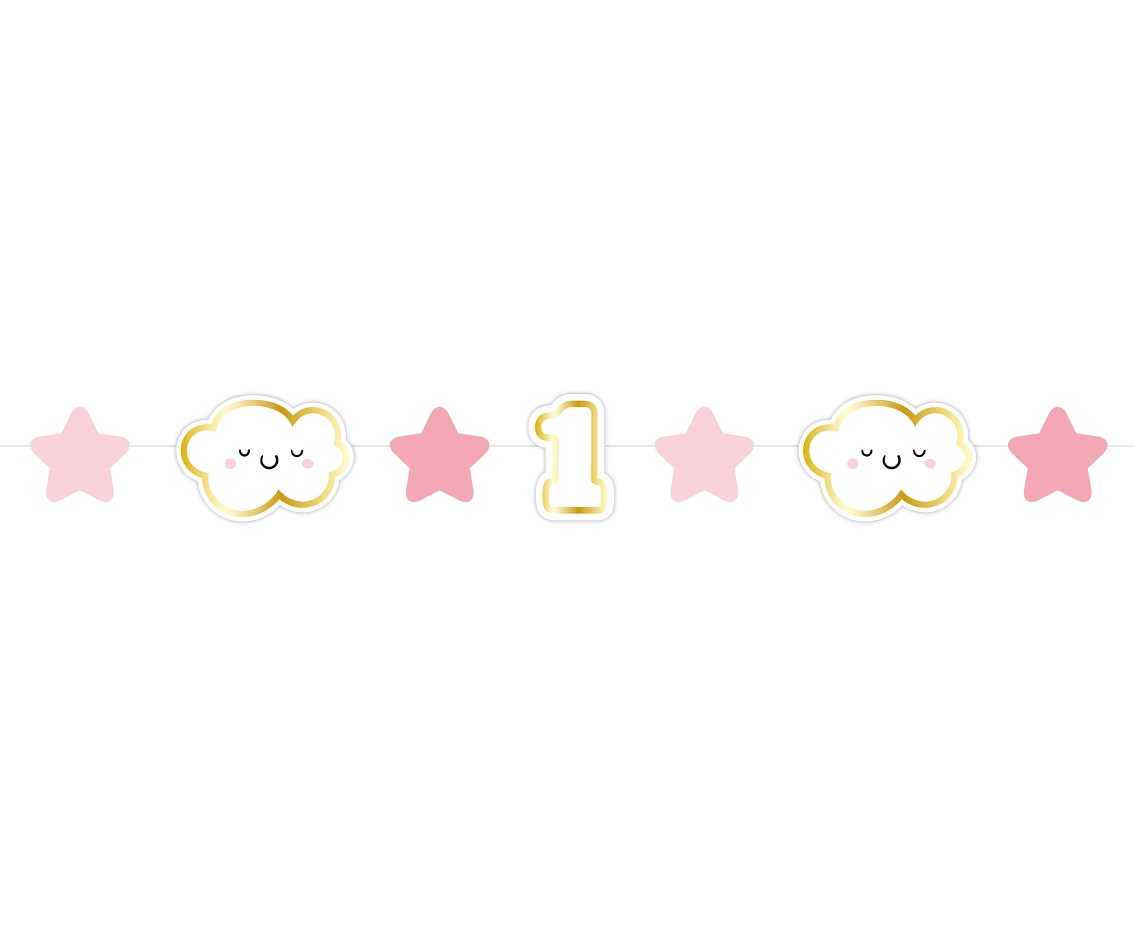 Mini paper garland 1st Birthday, pink, length 120 cm, card size 8.4 x 6 cm
