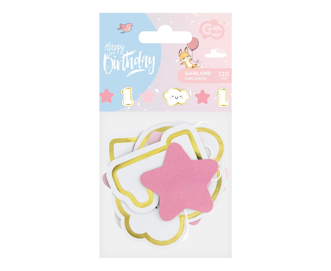 Mini paper garland 1st Birthday, pink, length 120 cm, card size 8.4 x 6 cm