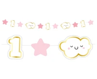 Mini paper garland 1st Birthday, pink, length 120 cm, card size 8.4 x 6 cm