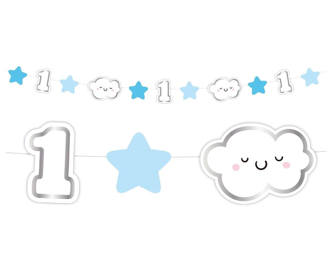 Mini paper garland 1st Birthday, blue, length 120 cm, card size 8.4 x 6 cm