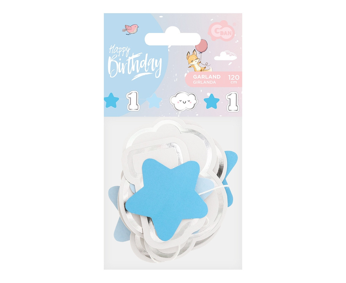 Mini paper garland 1st Birthday, blue, length 120 cm, card size 8.4 x 6 cm
