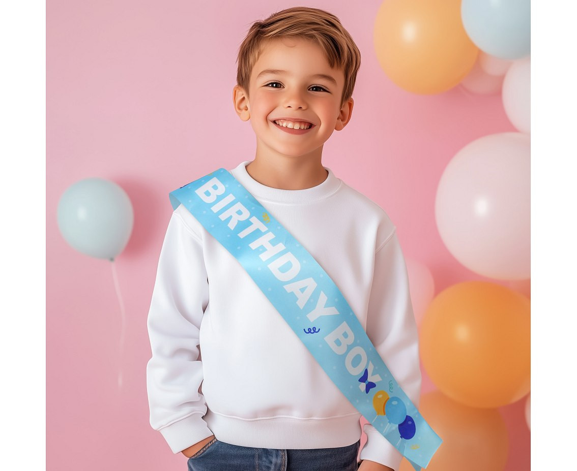Birthday Boy sash, sky-blue, size 10 x 150 cm