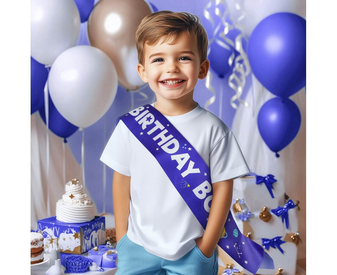 Birthday Boy in Space sash, size 10 x 150 cm