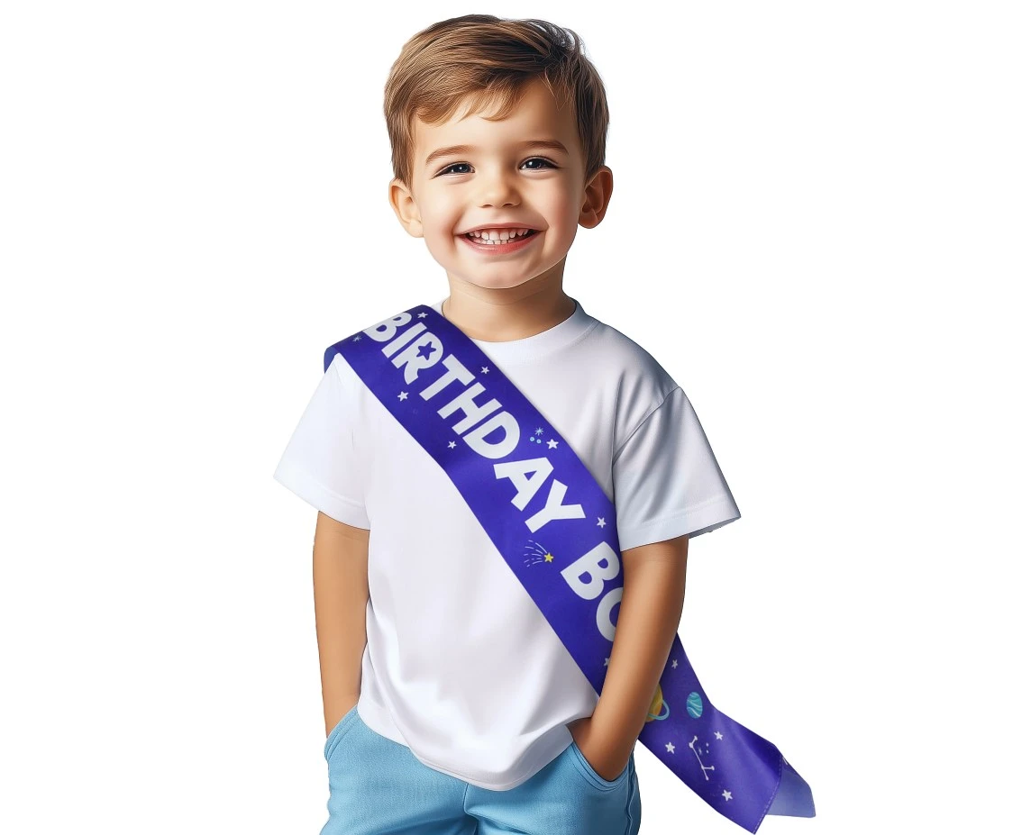 Birthday Boy in Space sash, size 10 x 150 cm