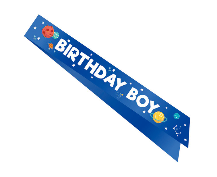 Birthday Boy in Space sash, size 10 x 150 cm