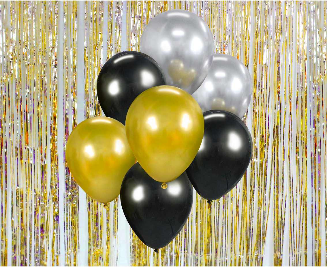 Balloon bouquet B&C, gold, silver, black / 7 pcs