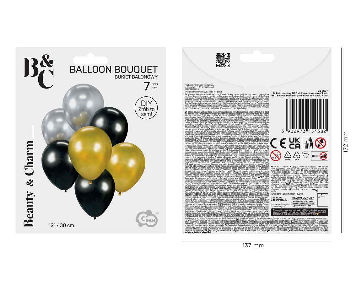 Balloon bouquet B&C, gold, silver, black / 7 pcs