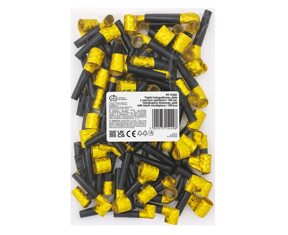 Holographic blowouts, gold with black mouthpiece / 100 pcs