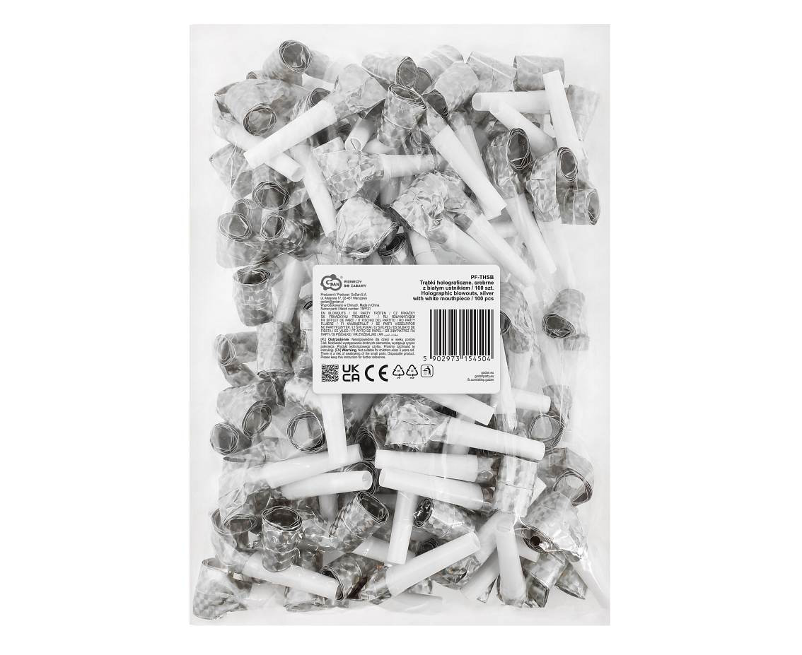 Holographic blowouts, silver with black mouthpiece / 100 pcs.