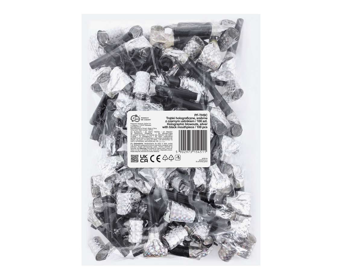 Holographic blowouts, silver with black mouthpiece / 100 pcs