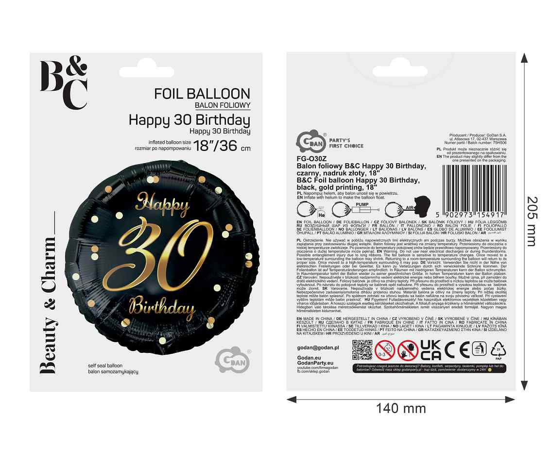 Foil balloon B&C Happy 30 Birthday, black, gold printing 18"