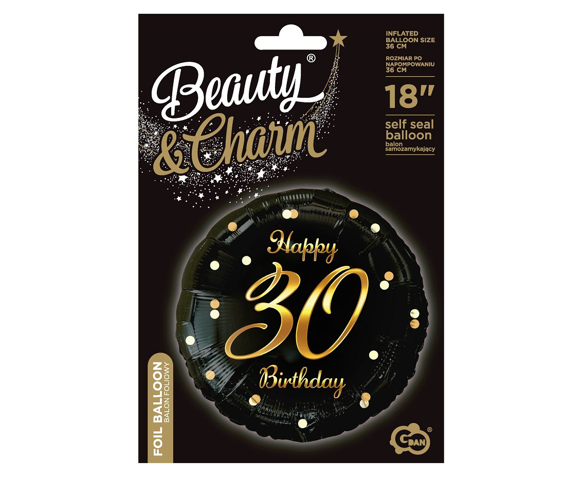 Foil balloon B&C Happy 30 Birthday, black, gold printing 18"