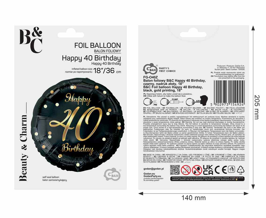 Foil balloon Happy 40 Birthday, black, gold printing, 45 cm