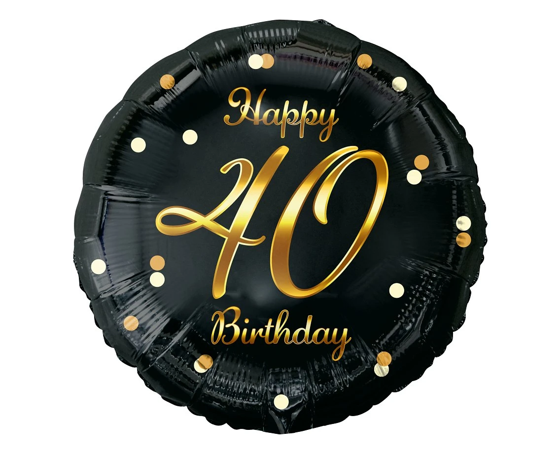 Foil balloon Happy 40 Birthday, black, gold printing, 45 cm