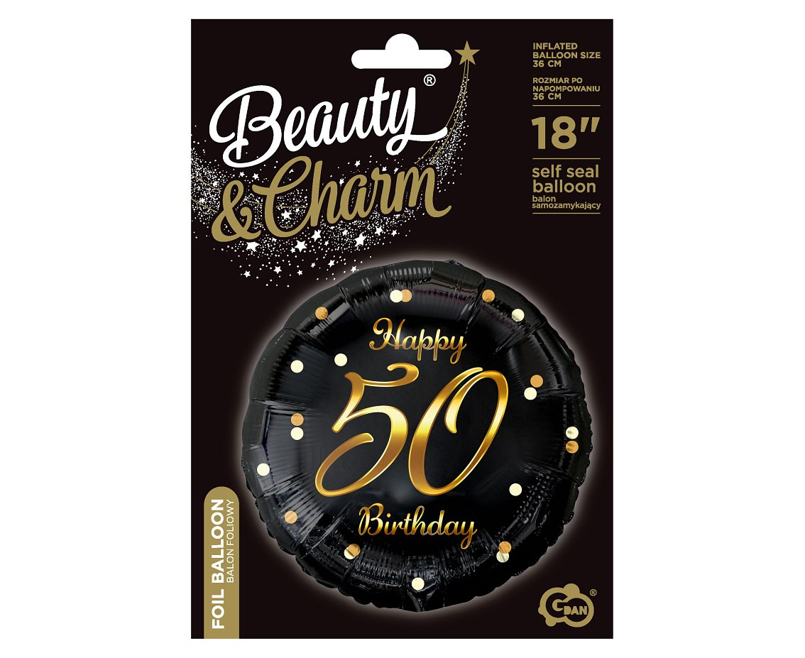 Foil balloon Happy 50 Birthday, black, gold printing, 45 cm