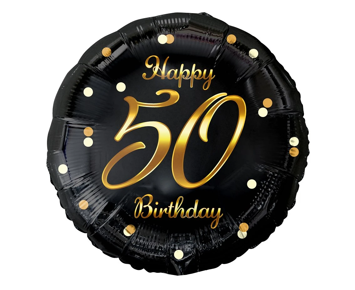 Foil balloon Happy 50 Birthday, black, gold printing, 45 cm