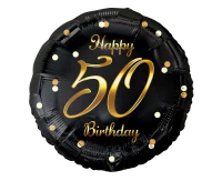 Foil balloon Happy 50 Birthday, black, gold printing, 45 cm