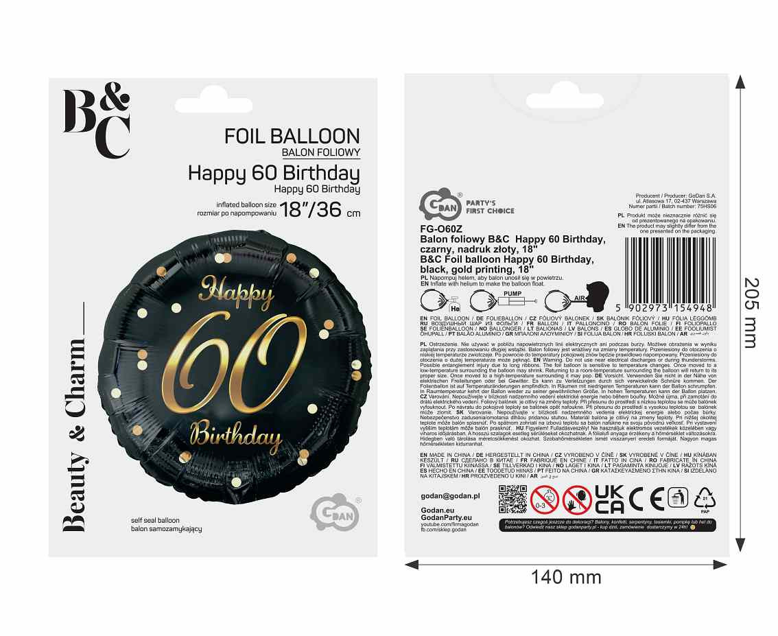 Foil balloon B&C Happy Birthday, black, gold printing, 18"