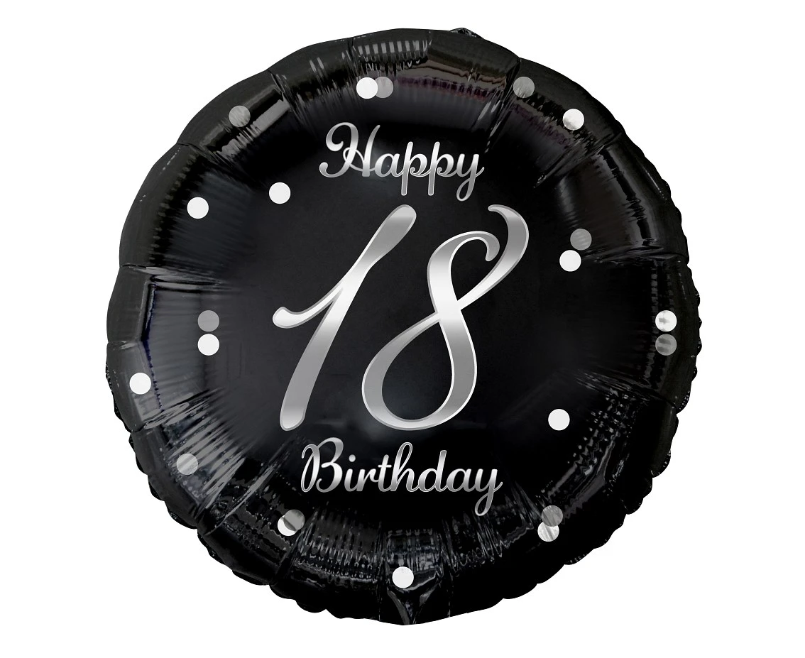 Foil balloon B&C 18 Birthday, black, silver printing, 18"