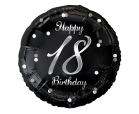 Foil balloon B&C 18 Birthday, black, silver printing, 18"