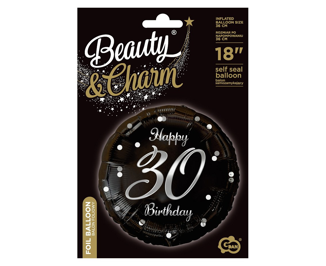 Foil balloon B&C Happy 30 Birthday , black, silver printing, 18"