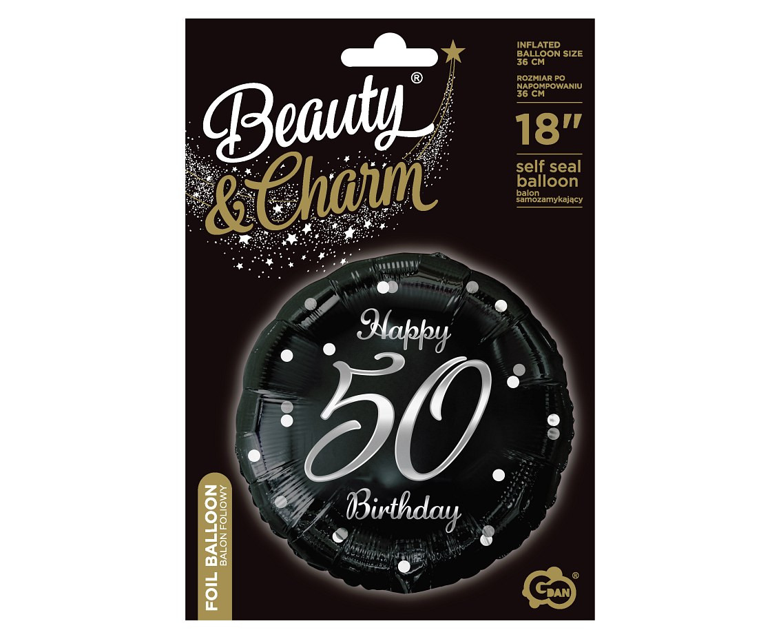 Foil balloon B&C Happy 50 Birthday, black, silver printing, 18" AA