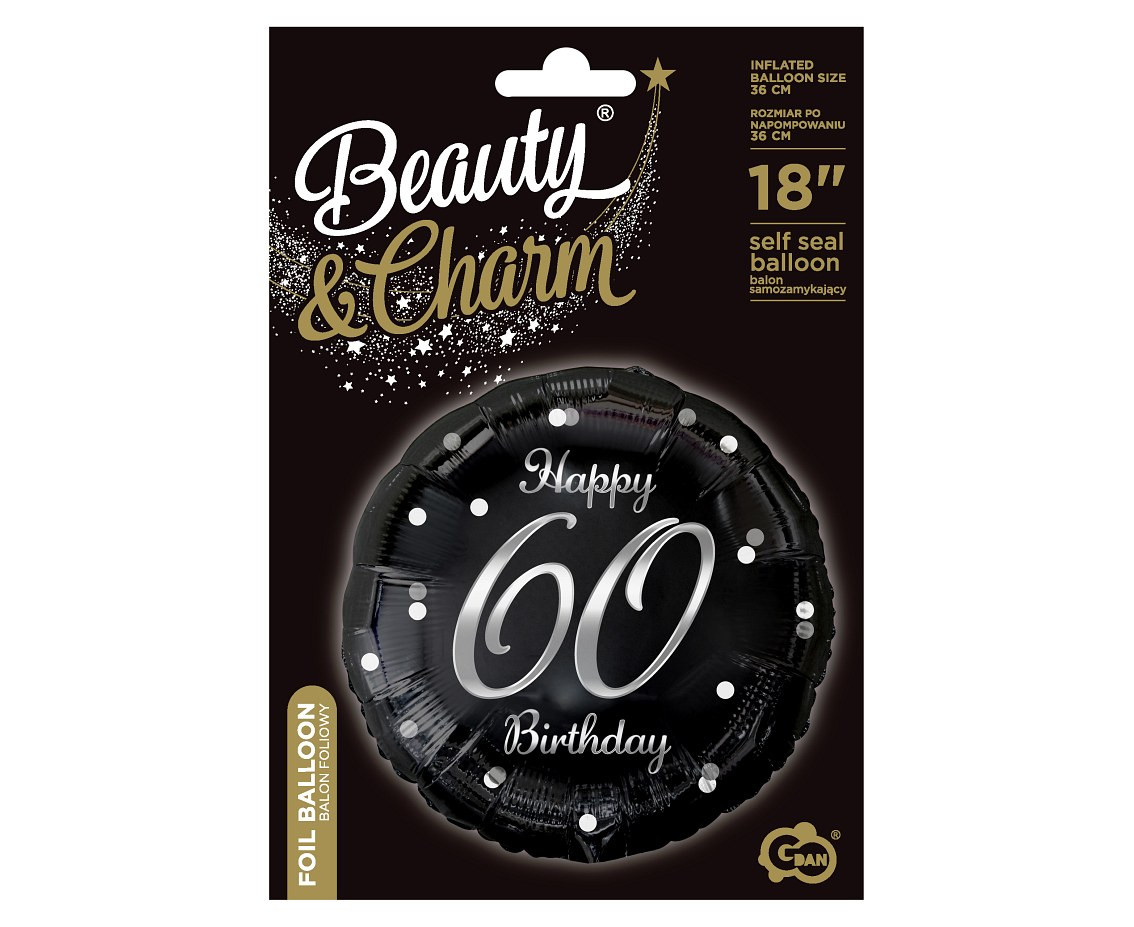 Foil balloon B&C Happy 60 Birthday, black, silver printing, 18" EOL