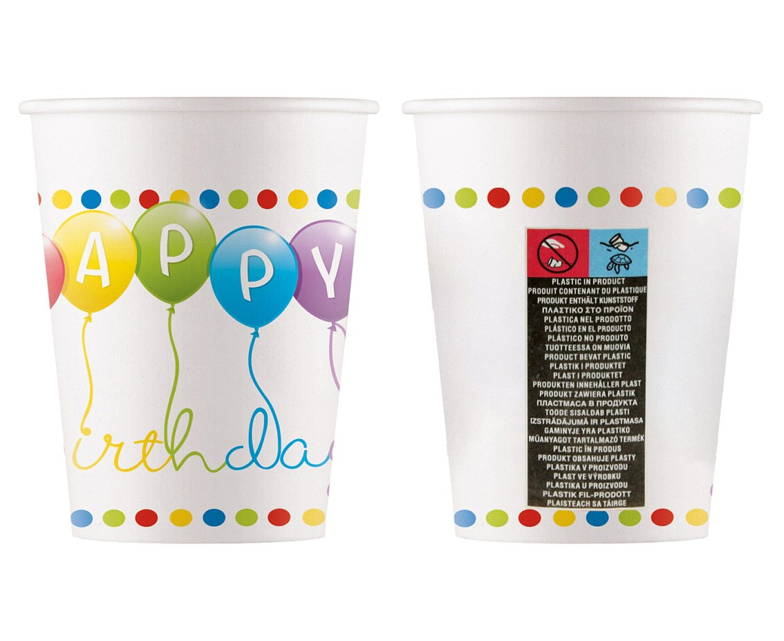 Paper cups Happy Birthday Streamers (WM), 200ml, 8 pcs (SUP label)