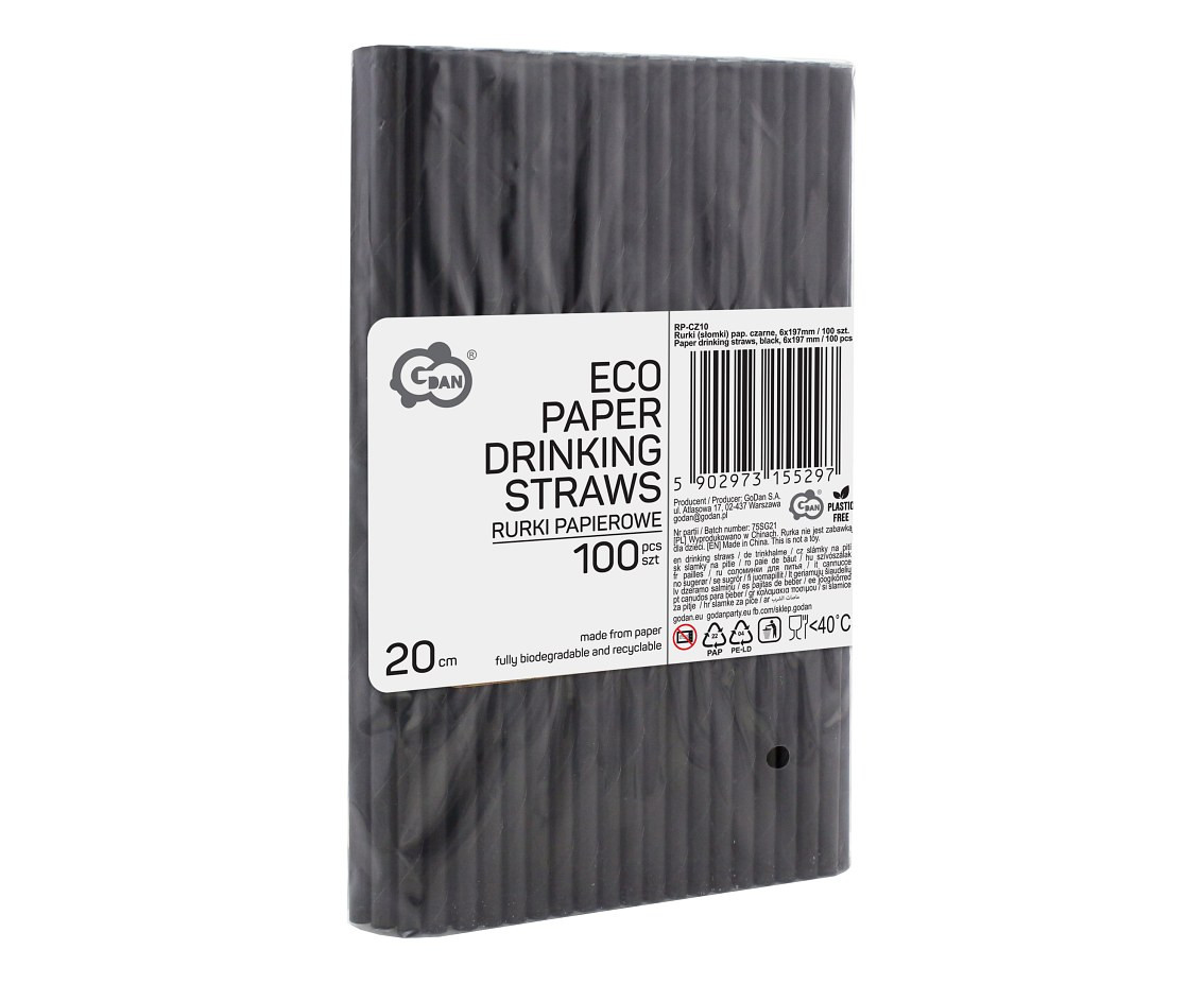 Paper drinking straws, black, 6 x 197 cm / 100 pcs