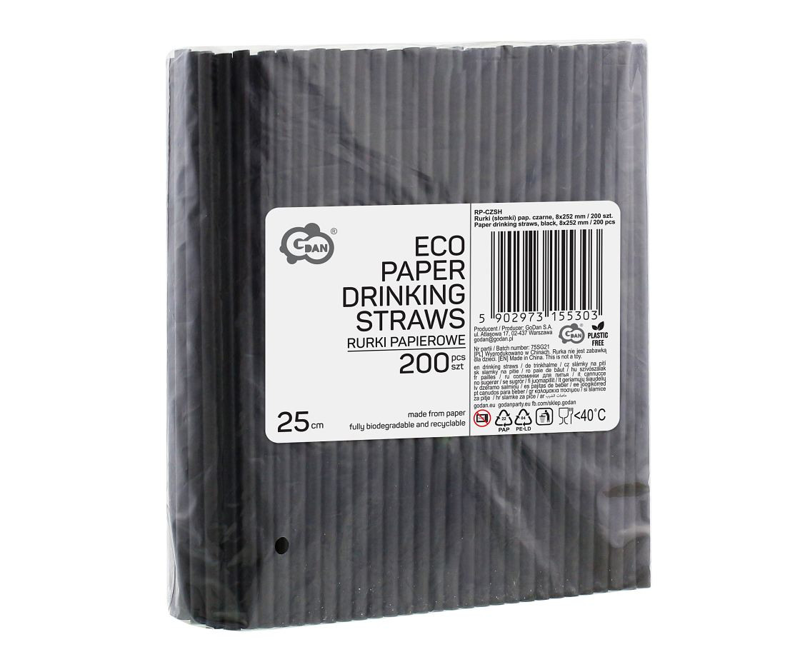 Paper drinking straws, black, 8x252mm/ 200 pcs