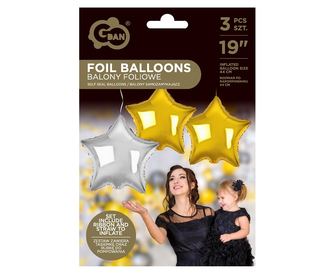 Foil balloon B&C Stars, gold and silver 19" , 3 pcs
