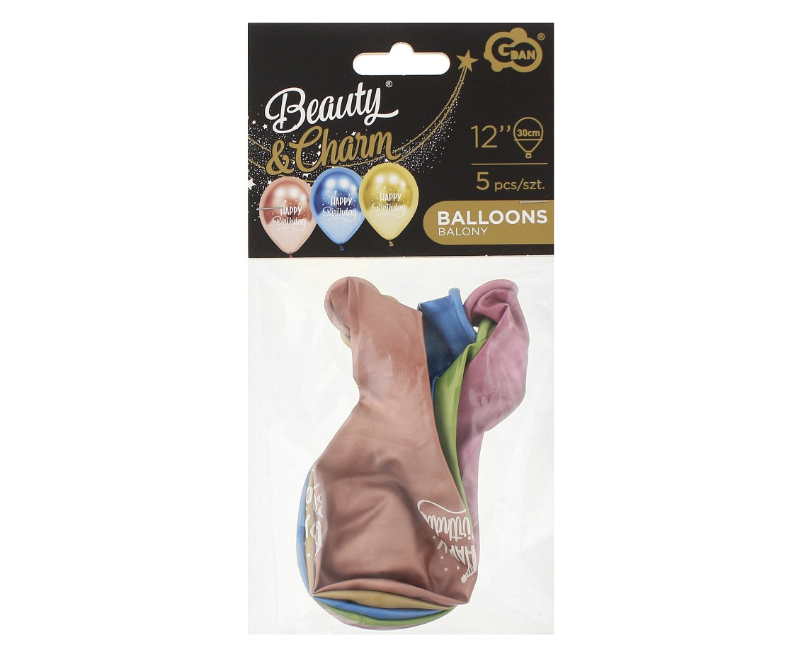 Balloons B&C 12", Happy Birthday platinum, 5pcs
