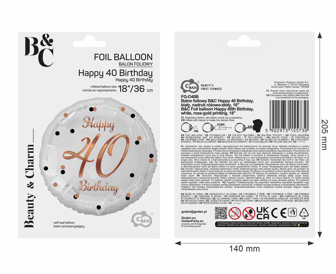 Foil balloon B&C Happy 40 Birthday, white, rose-gold printing, 18"