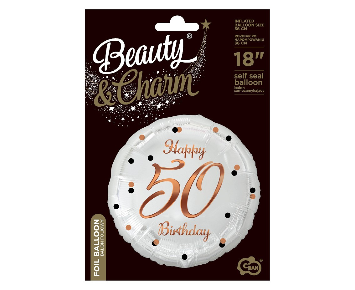 Foil balloon B&C Happy 50 Birthday, white, rose-gold printing, 18"