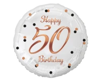 Foil balloon B&C Happy 50 Birthday, white, rose-gold printing, 18"