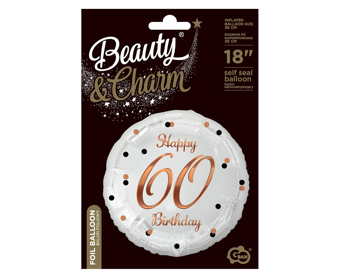 Foil balloon B&C Happy 60 Birthday, white, rose-gold printing, 18"