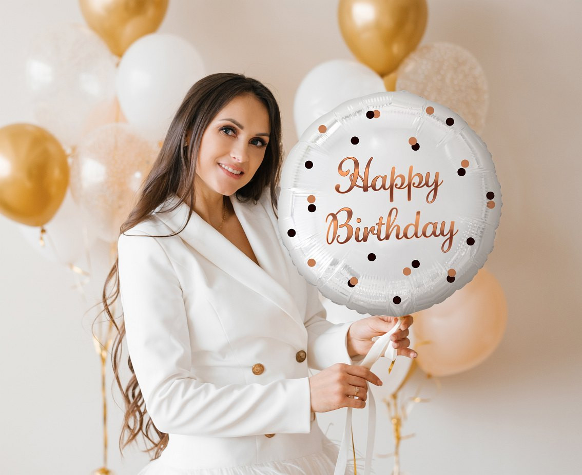 Foil balloon B&C Happy Birthday, white, rose-gold printing, 18"