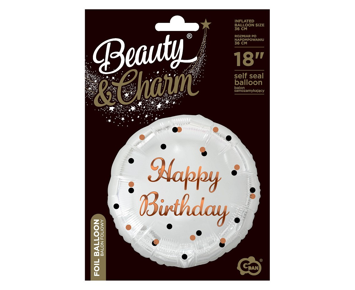 Foil balloon B&C Happy Birthday, white, rose-gold printing, 18"