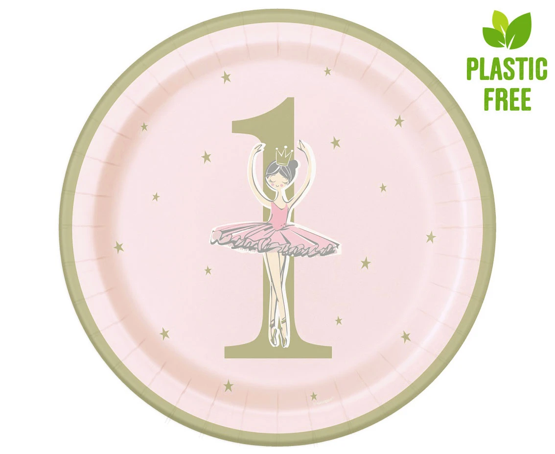 Paper plates Ballerina, rose-gold, 1st Birthday, 23 cm, 8 pcs (plastic-free) EOL