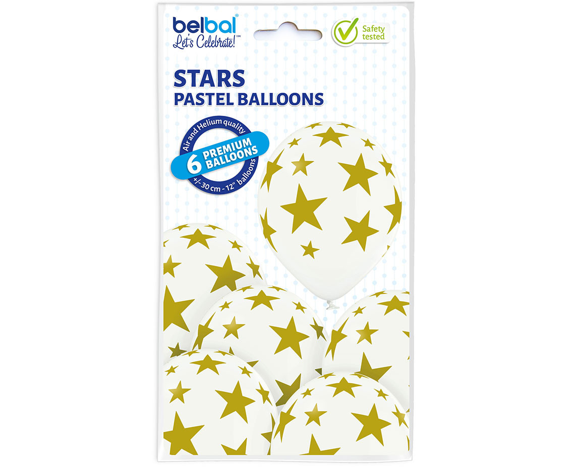 Balloons Belbal 12", D11, gold stars white balloon, 6pcs