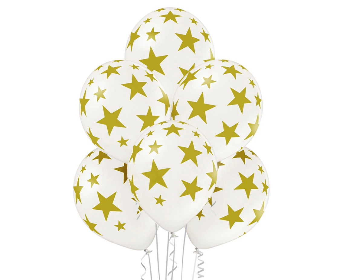Balloons Belbal 12", D11, gold stars white balloon, 6pcs
